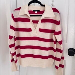 WYETH Red & White Striped 100% Cashmere Collared Sweater